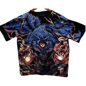 TCP Blue Wolf Fire Graphic T-Shirt Short Sleeve Mens L Black Mystical Vibrant